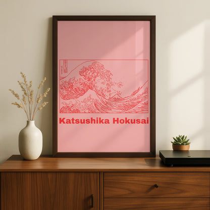 Hokusai Great Wave Poster, Japanese Woodblock Wall Art, Pink Red Maximalist Print