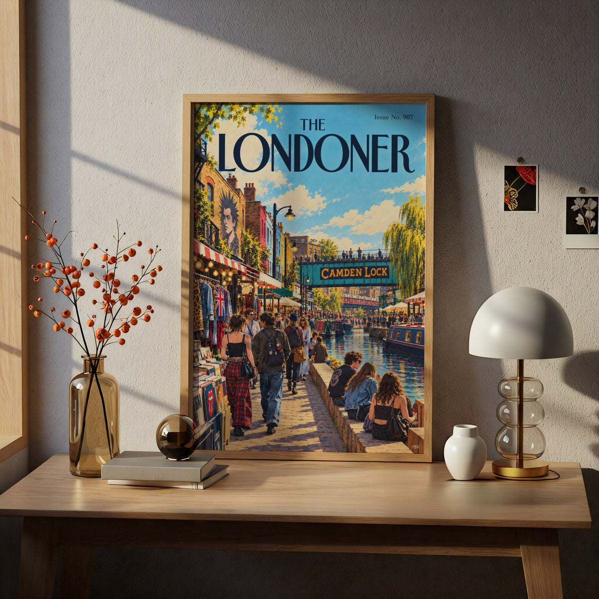 The Londoner Camden Lock Poster, London Wall Art, Canal Market Illustration, Retro Magazine Cover