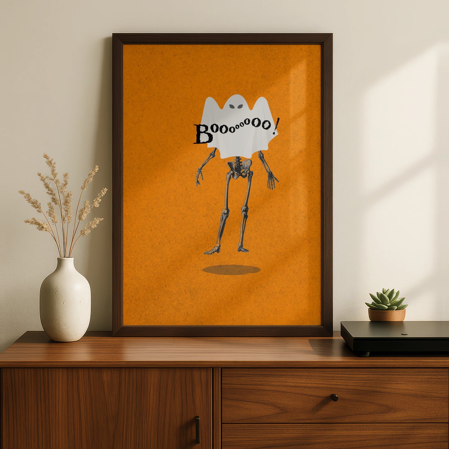 Halloween Ghost Skeleton Poster, Funny Boo Wall Art, Spooky Orange Halloween Print