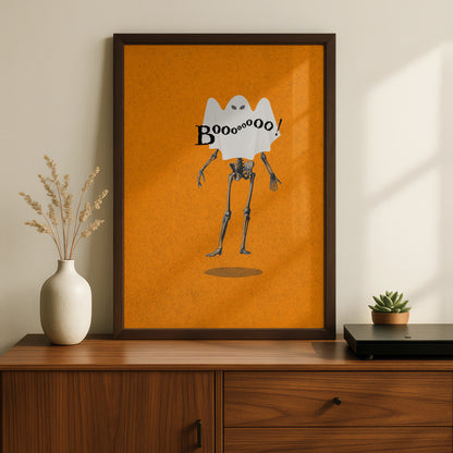 Halloween Ghost Skeleton Poster, Funny Boo Wall Art, Spooky Orange Halloween Print