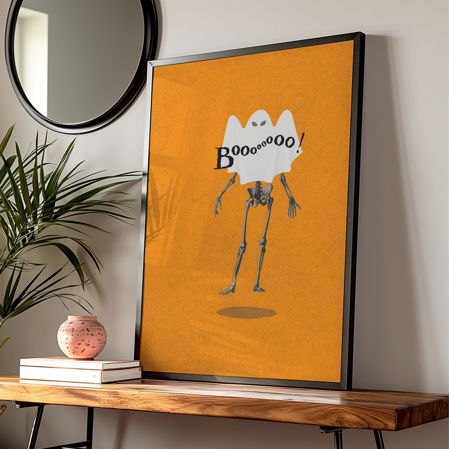Halloween Ghost Skeleton Poster, Funny Boo Wall Art, Spooky Orange Halloween Print