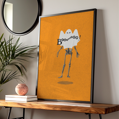 Halloween Ghost Skeleton Poster, Funny Boo Wall Art, Spooky Orange Halloween Print
