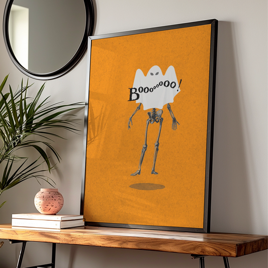 Halloween Ghost Skeleton Poster, Funny Boo Wall Art, Spooky Orange Halloween Print