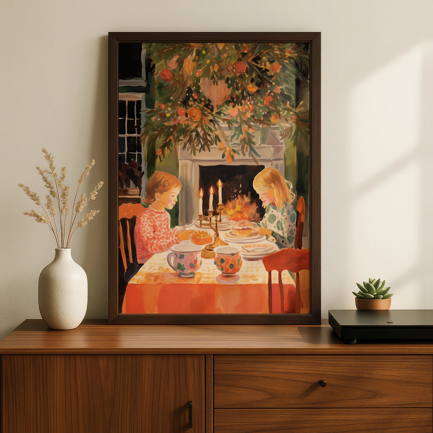 Christmas Dinner Poster, Children by Fireplace, Festive Holiday Wall Art, Cosy Vintage Scene Print
