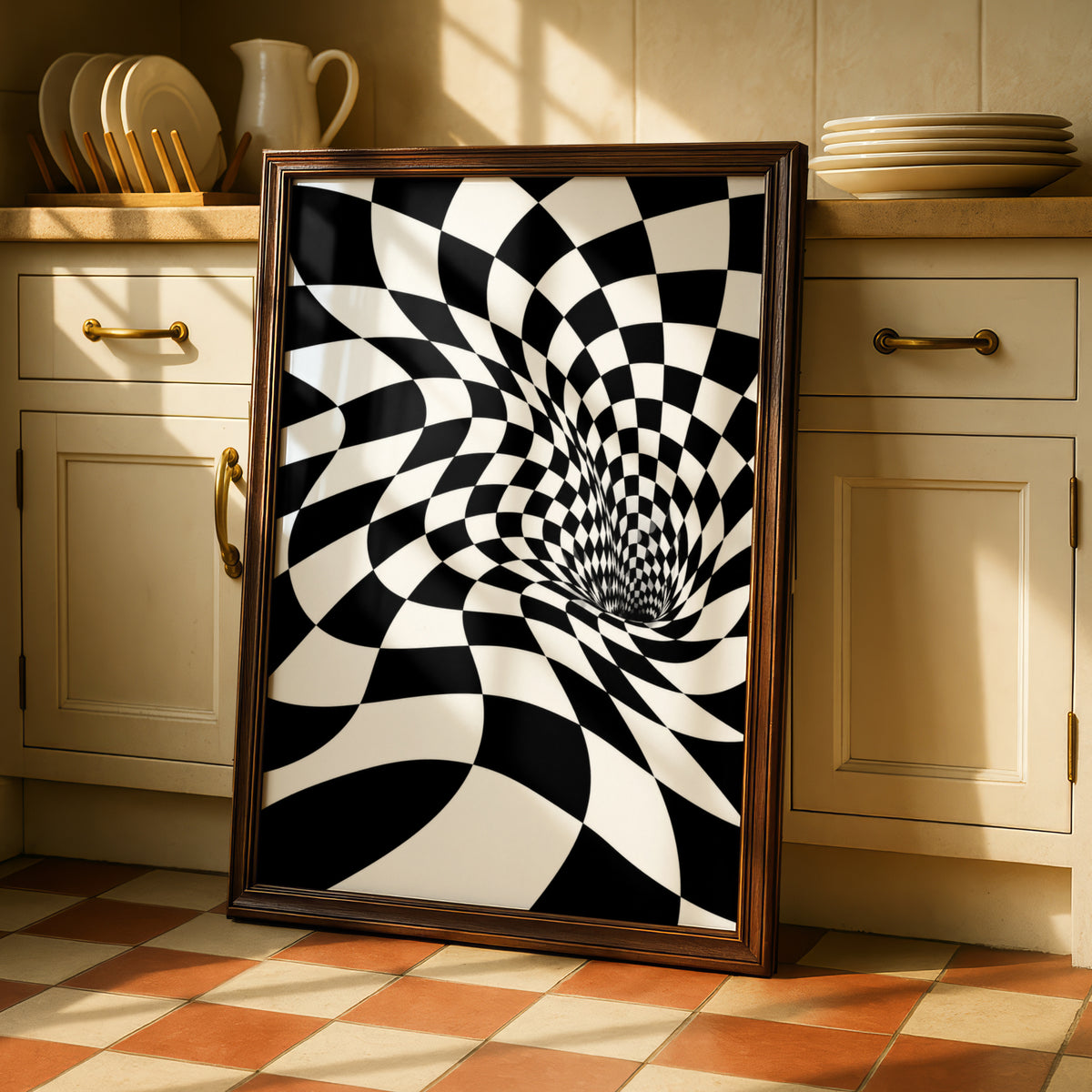 Optical Illusion Checker Vortex Print, Black and White Abstract Poster, Monochrome Wall Art