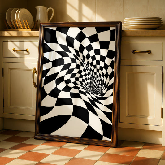 Optical Illusion Checker Vortex Print, Black and White Abstract Poster, Monochrome Wall Art
