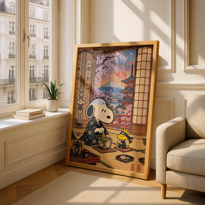 Japanese Tea Ceremony Poster, Cute Beagle Matcha Wall Art, Mount Fuji Cherry Blossom Print