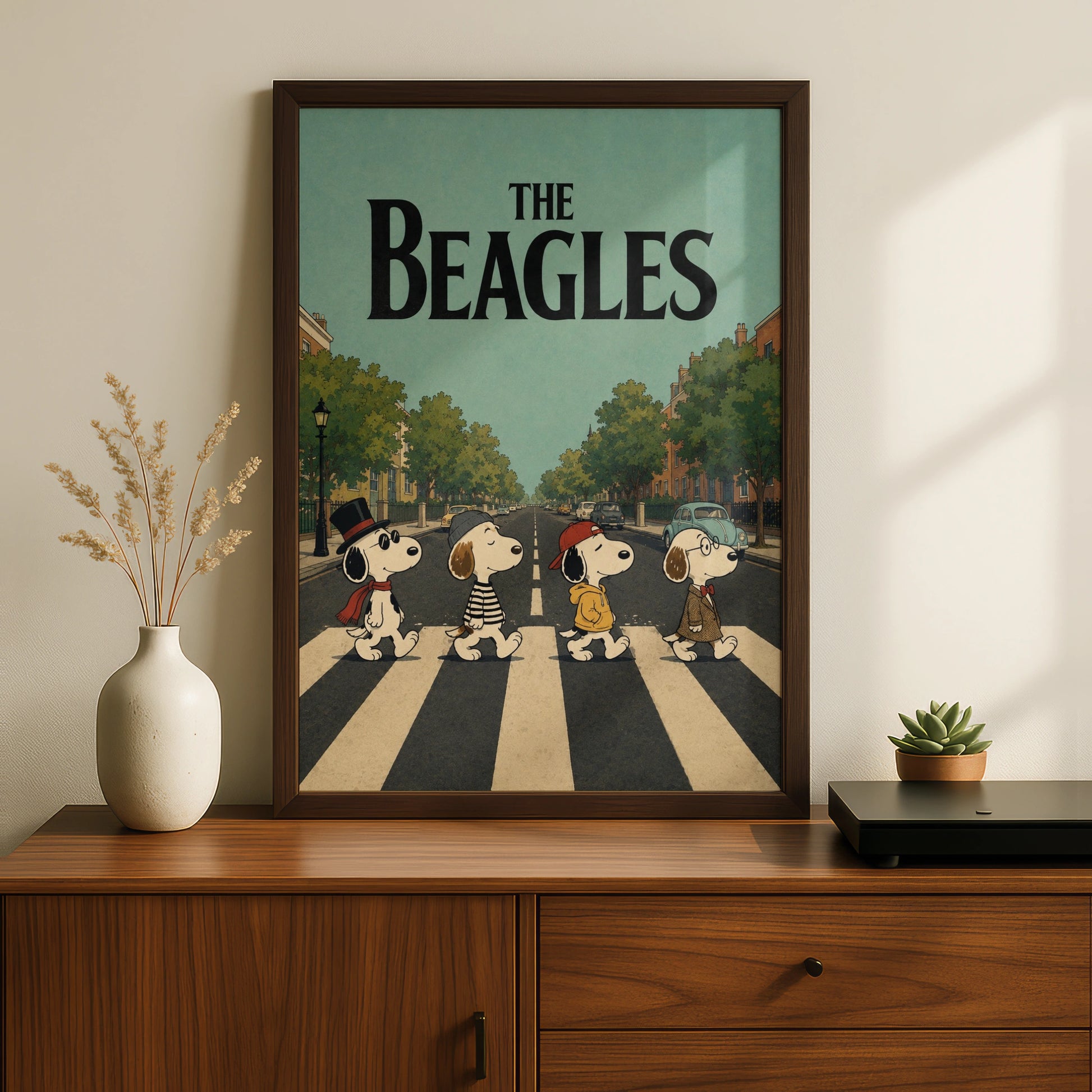 The Beagles Cartoon Dog Wall Art, Funny Music Poster, Abbey Road Print, Gift
