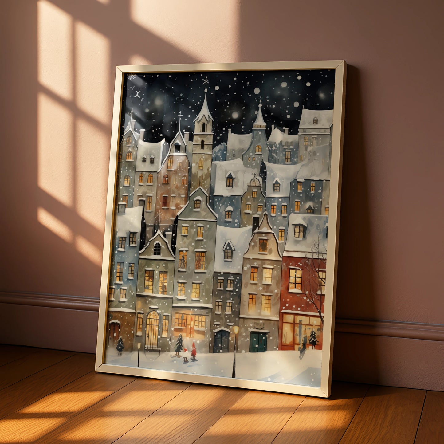 Christmas Village Poster, Snowy Winter Town Wall Art, Festive Holiday Night Scene Print