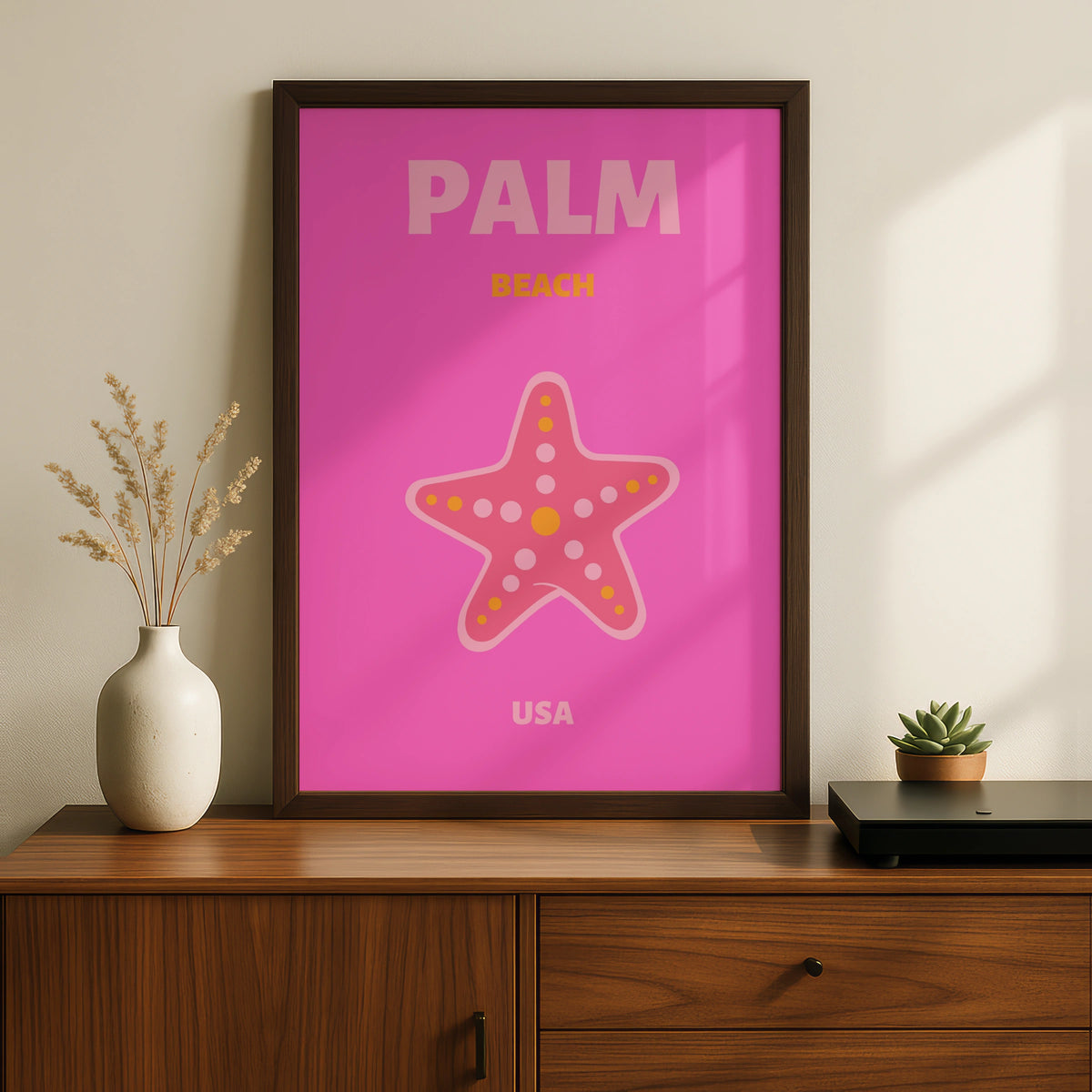 Palm Beach Florida Travel Poster, Retro USA Wall Art, Pink Starfish Print
