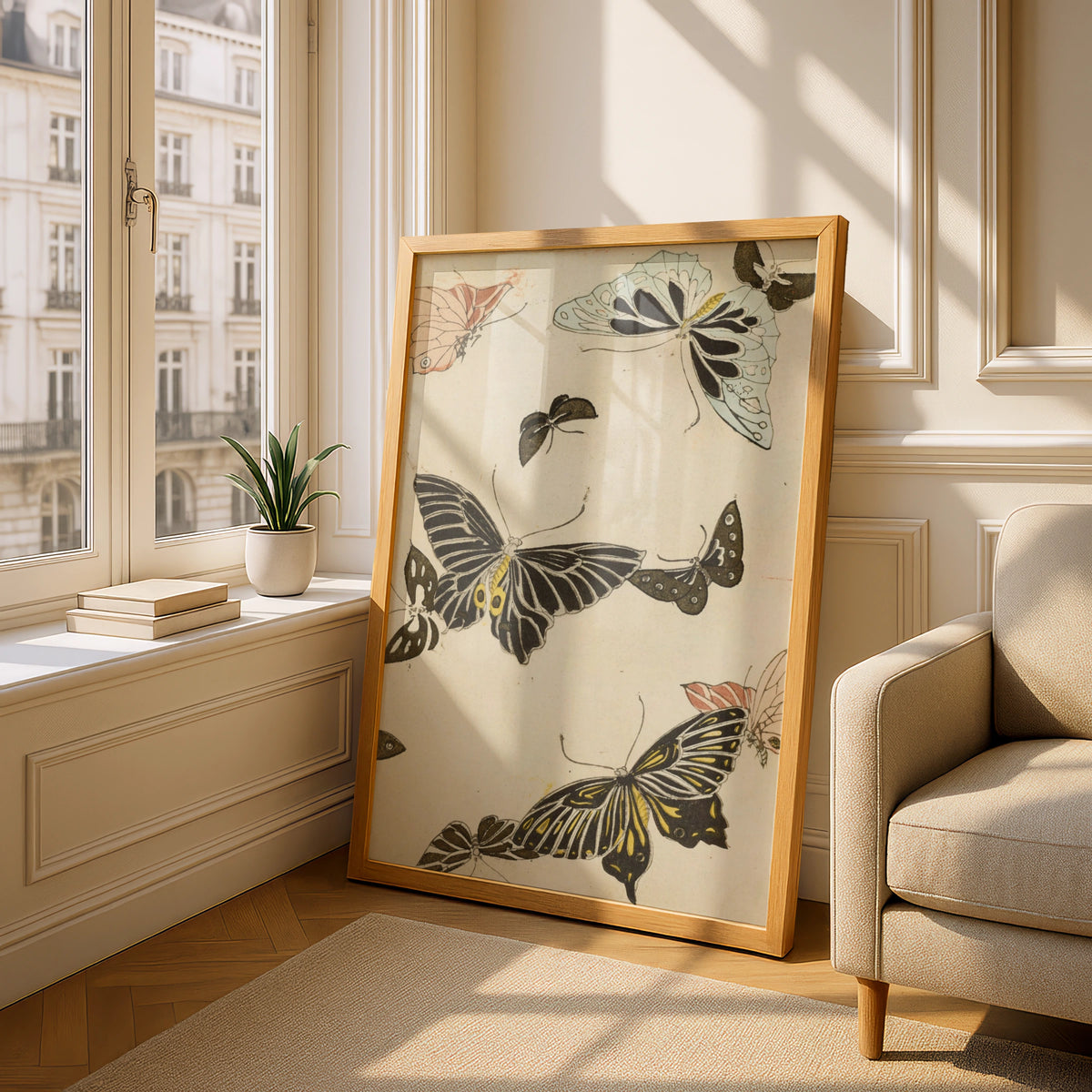 Japanese Butterfly Woodblock Wall Art, Vintage Bijutsukai 1901 Japandi Poster Print – A5 Oak frame