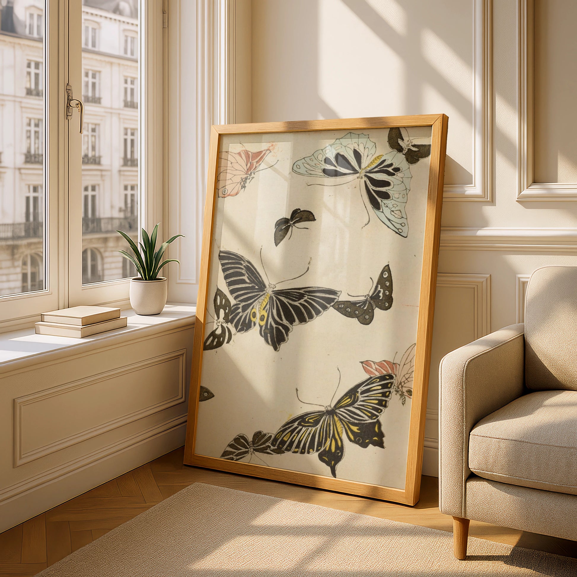 Japanese Butterfly Woodblock Wall Art, Vintage Bijutsukai 1901 Japandi Poster Print – A5 Oak frame