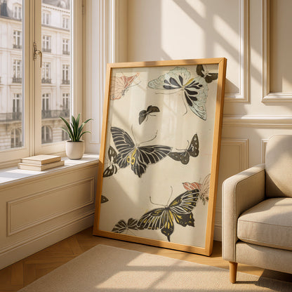 Japanese Butterfly Woodblock Wall Art, Vintage Bijutsukai 1901 Japandi Poster Print – A5 Oak frame