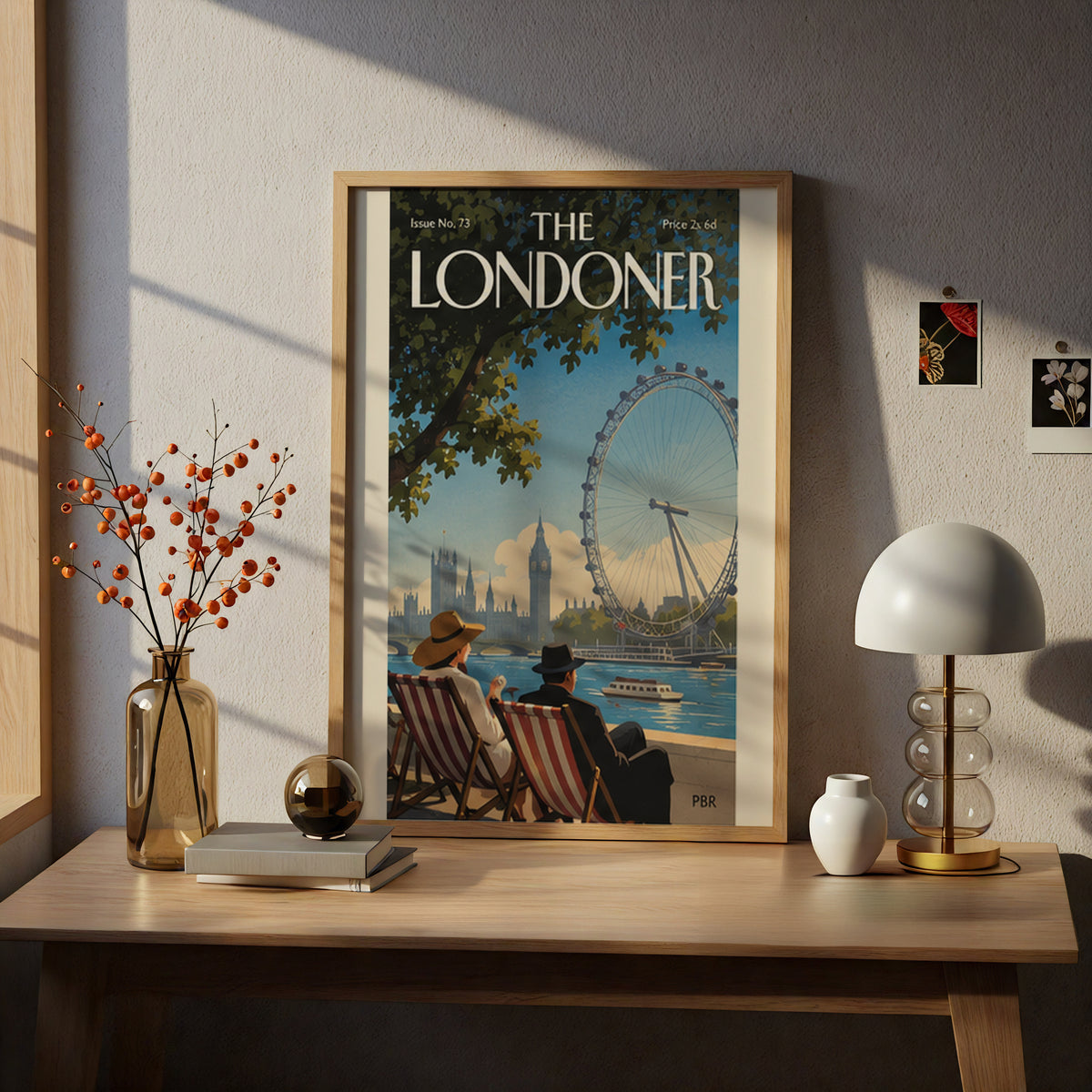London Eye Poster, Vintage London Wall Art Print, Magazine Cover Style, Thames Riverside Deckchairs
