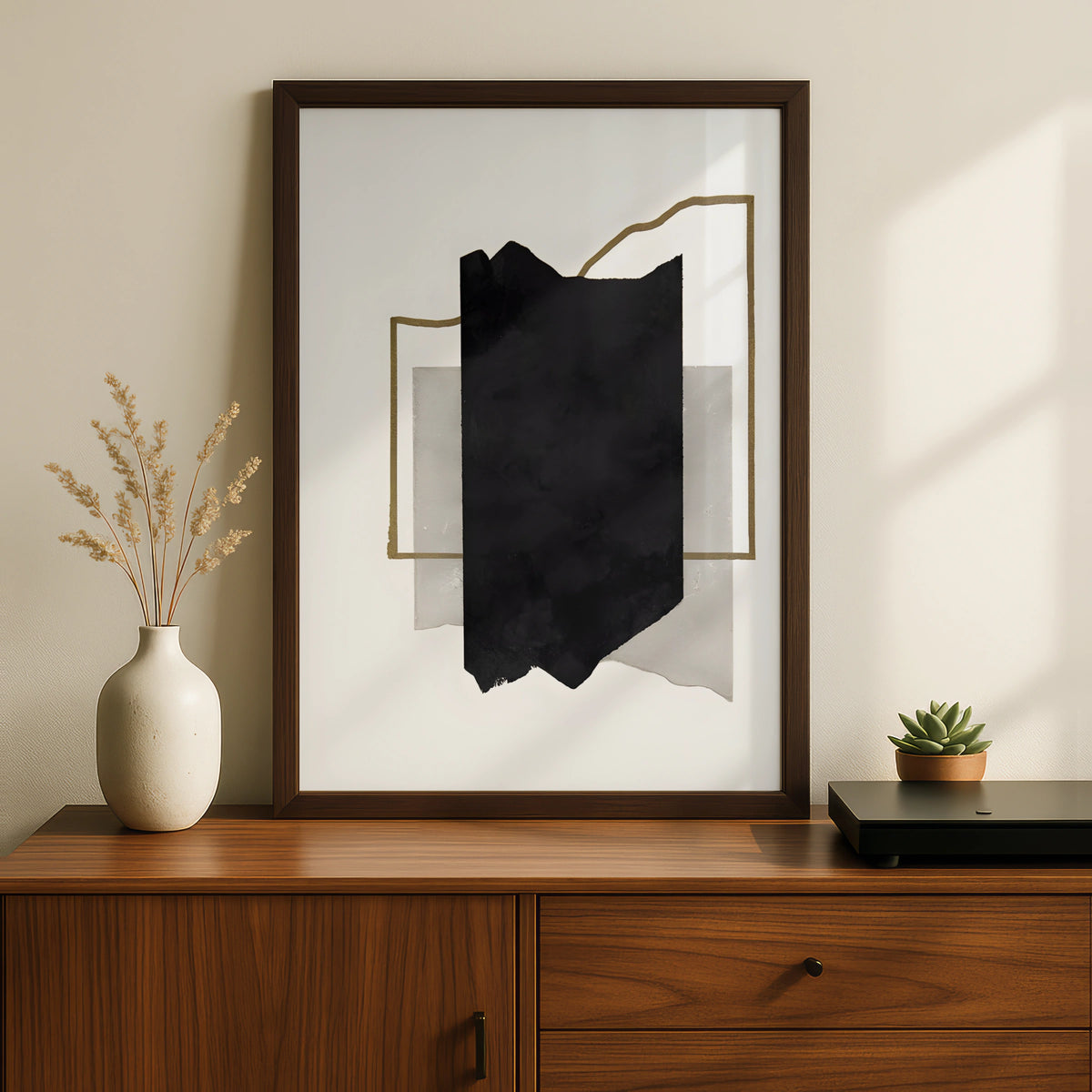 Abstract Black Ink Monochrome Wall Art, Gold Line Minimalist Print, Modern Neutral Poster