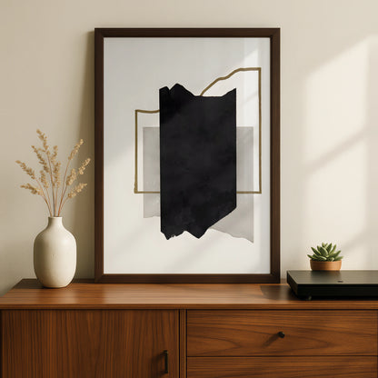 Abstract Black Ink Monochrome Wall Art, Gold Line Minimalist Print, Modern Neutral Poster