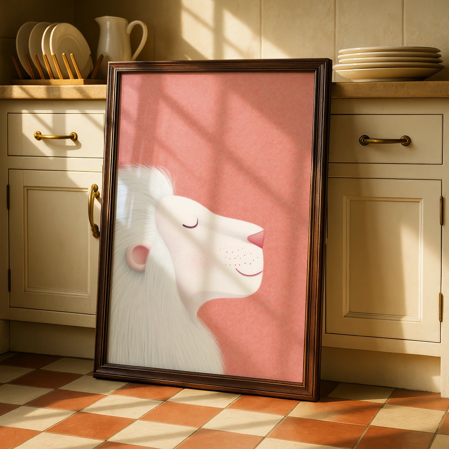 White Lion Nursery Wall Art, Coral Pink Baby Room Poster, Kids Animal Print, Cute Lion