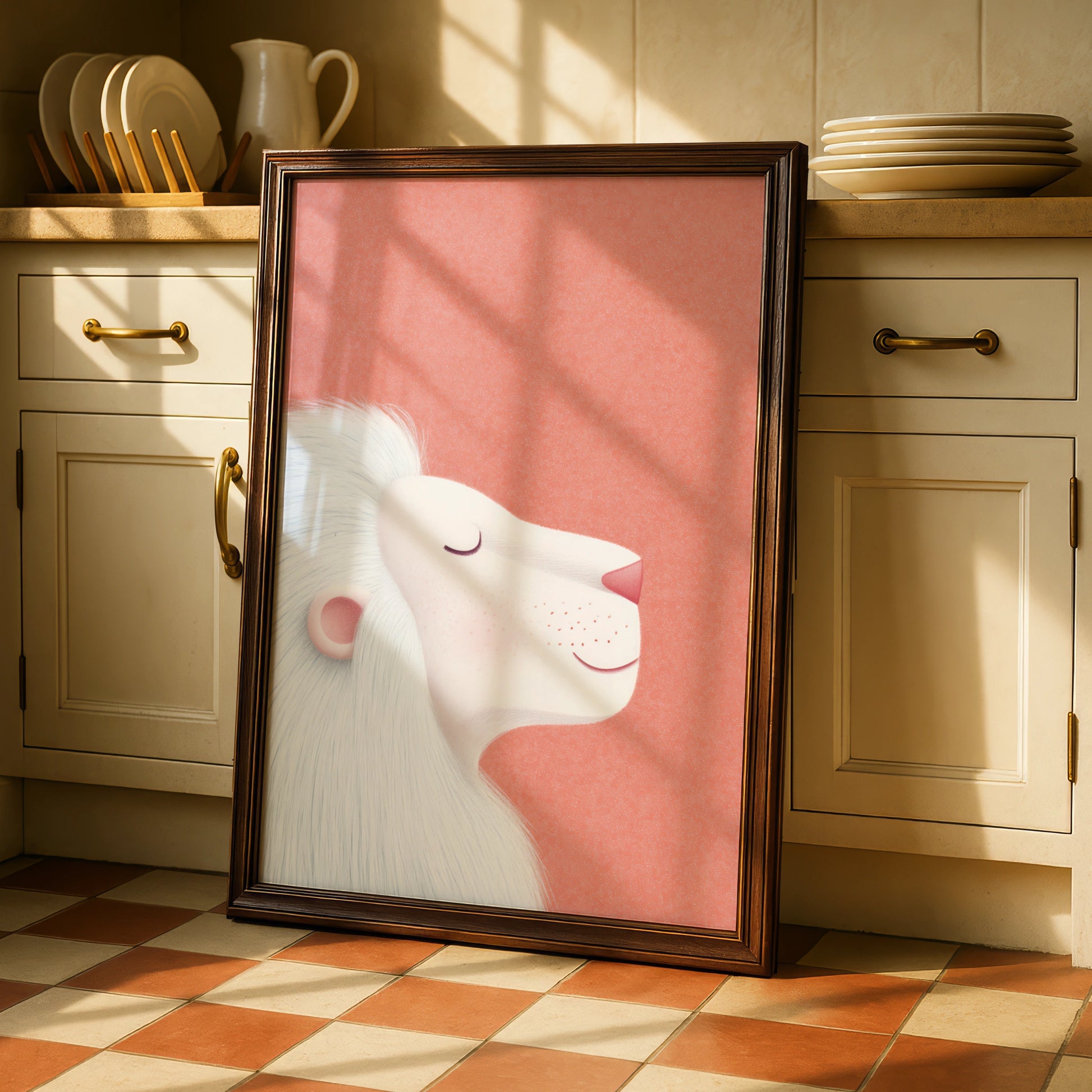 White Lion Nursery Wall Art, Coral Pink Baby Room Poster, Kids Animal Print, Cute Lion