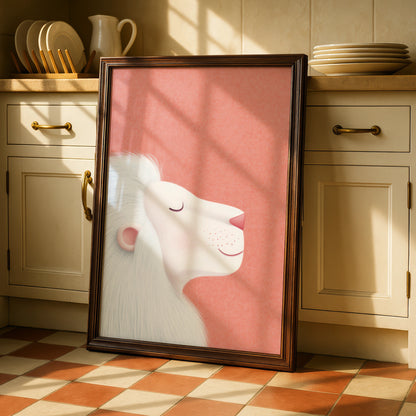 White Lion Nursery Wall Art, Coral Pink Baby Room Poster, Kids Animal Print, Cute Lion