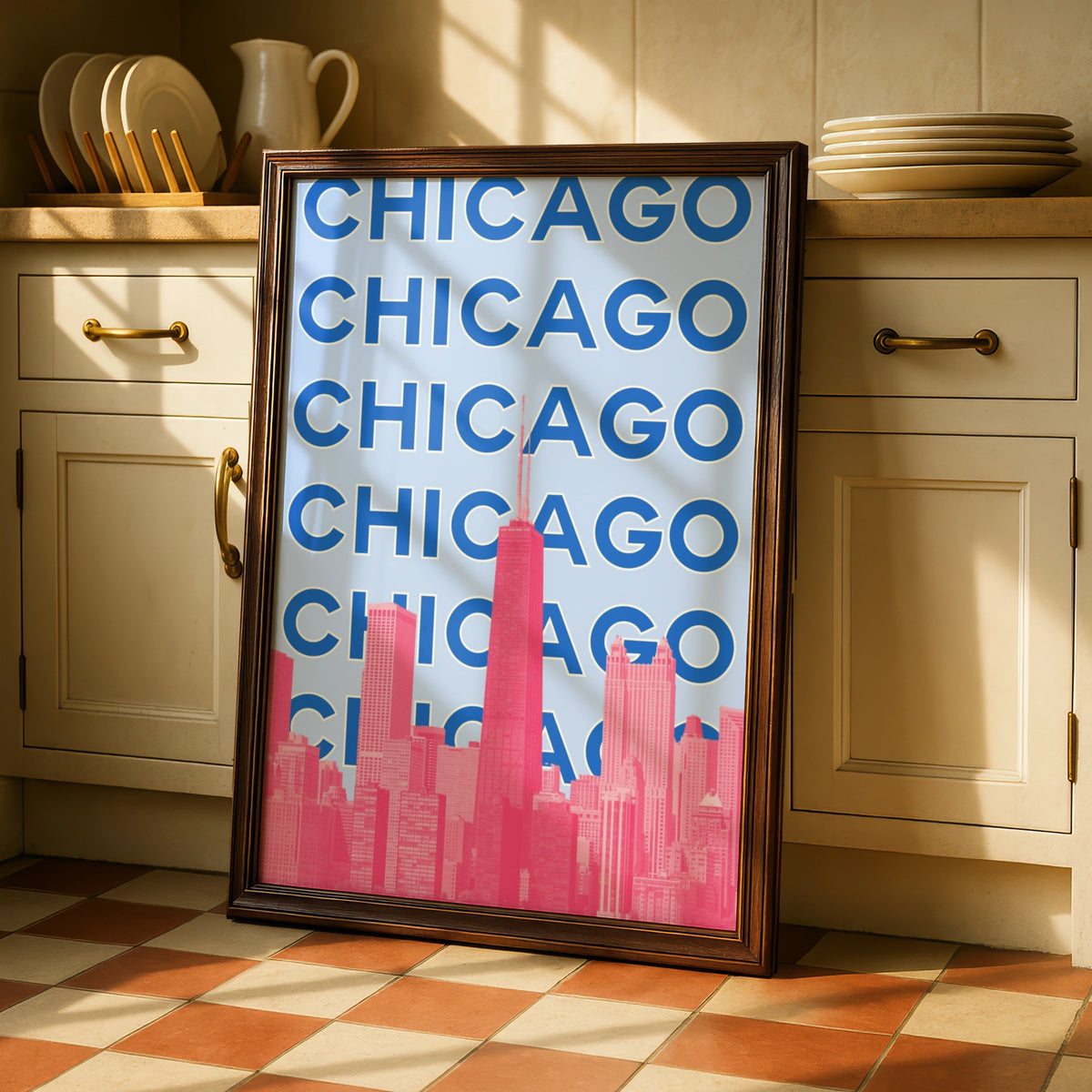 Chicago Travel Poster, Retro City Wall Art, USA Skyline Print, Blue Pink Illinois Decor