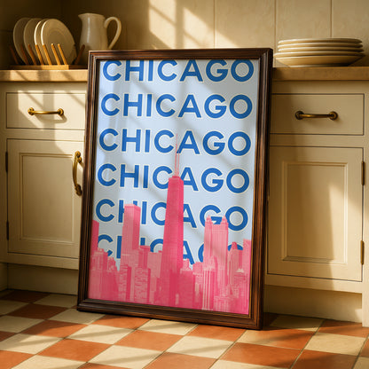 Chicago Travel Poster, Retro City Wall Art, USA Skyline Print, Blue Pink Illinois Decor