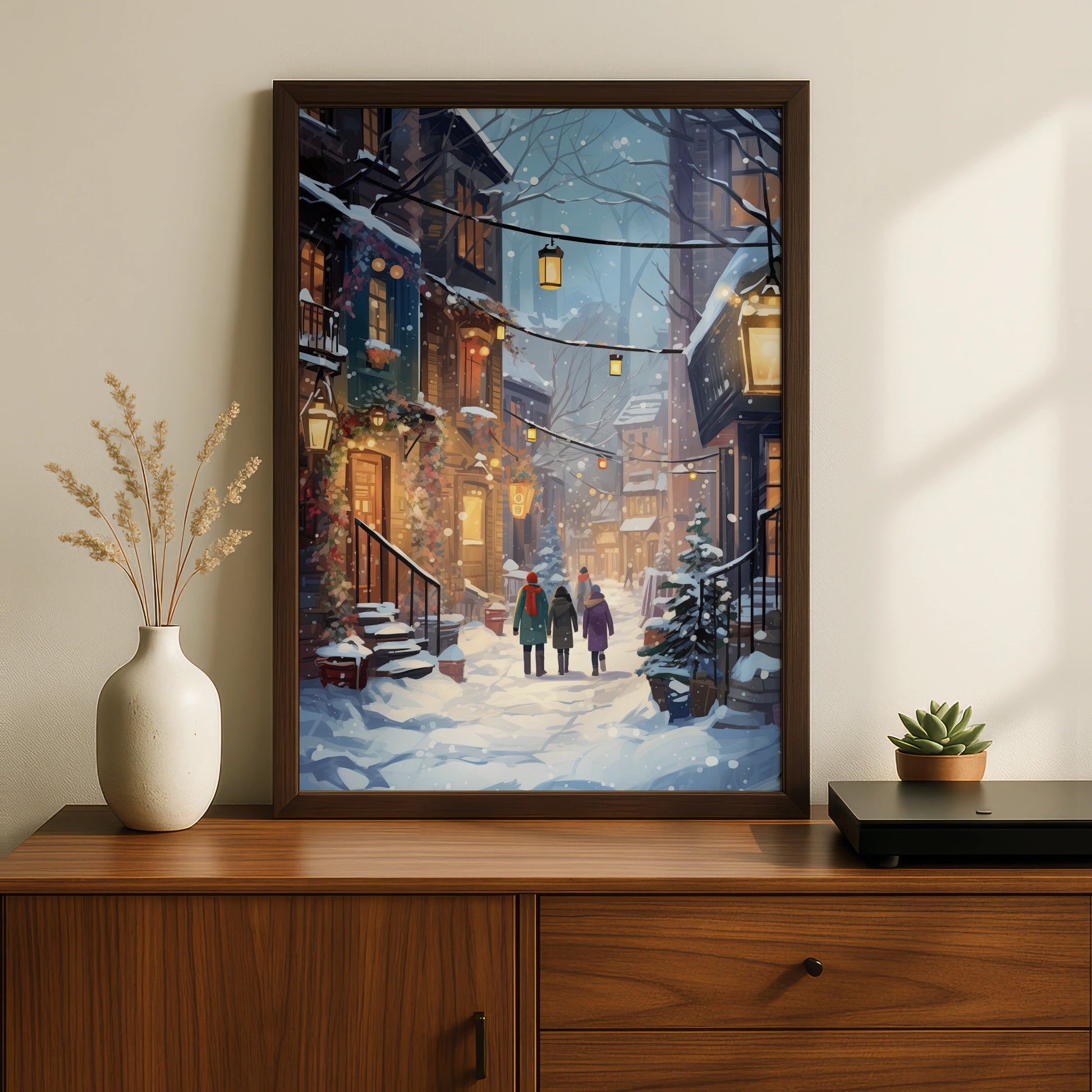 Christmas Village Street Poster, Snowy Winter Scene Wall Art, Festive Holiday Print
