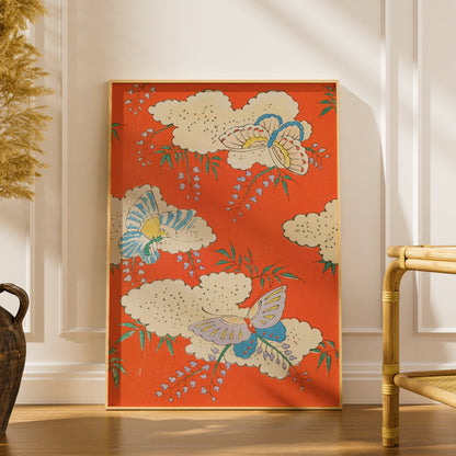 Japanese Butterfly Wall Art, Vintage Woodblock Print, Floral Japandi Poster, Orange Botanical – A5 print