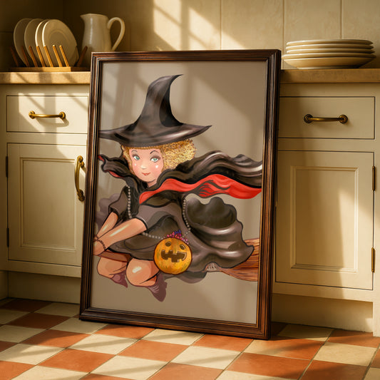 Halloween Witch Poster, Flying Broomstick Wall Art, Pumpkin Witch Print, Spooky Cute Decor