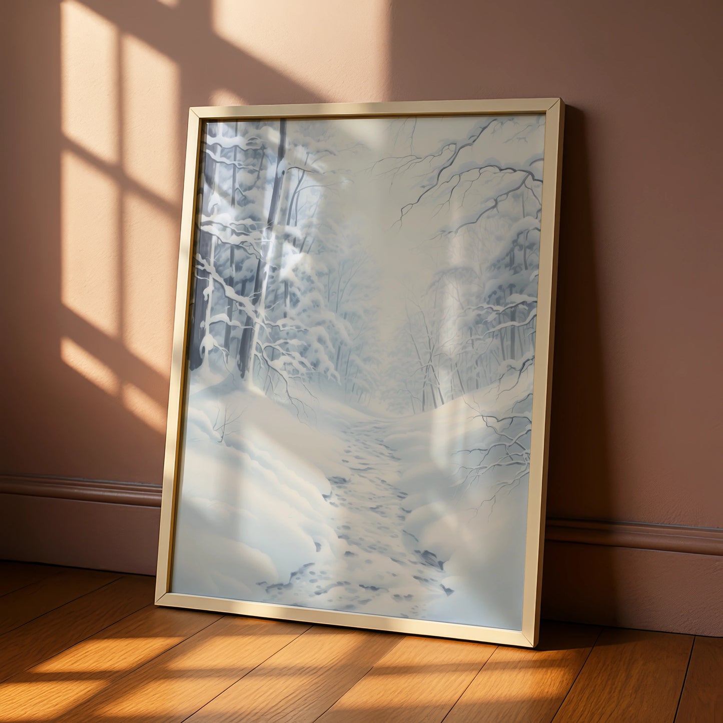 Snowy Winter Forest Christmas Poster, White Blue Woodland Path Wall Art Print
