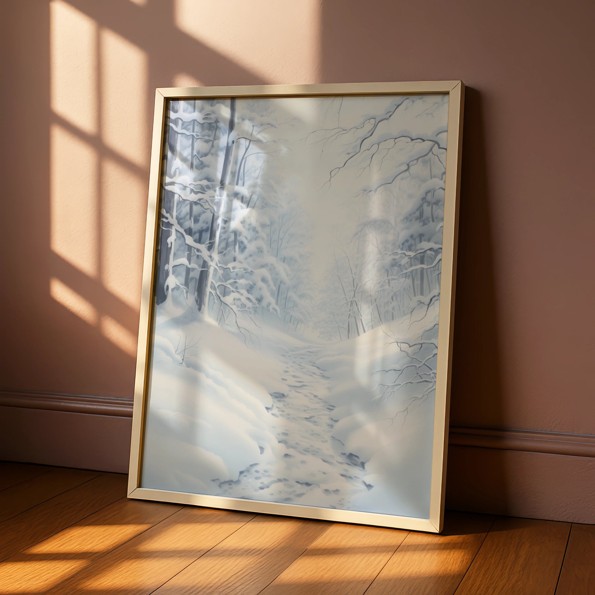 Snowy Winter Forest Christmas Poster, White Blue Woodland Path Wall Art Print