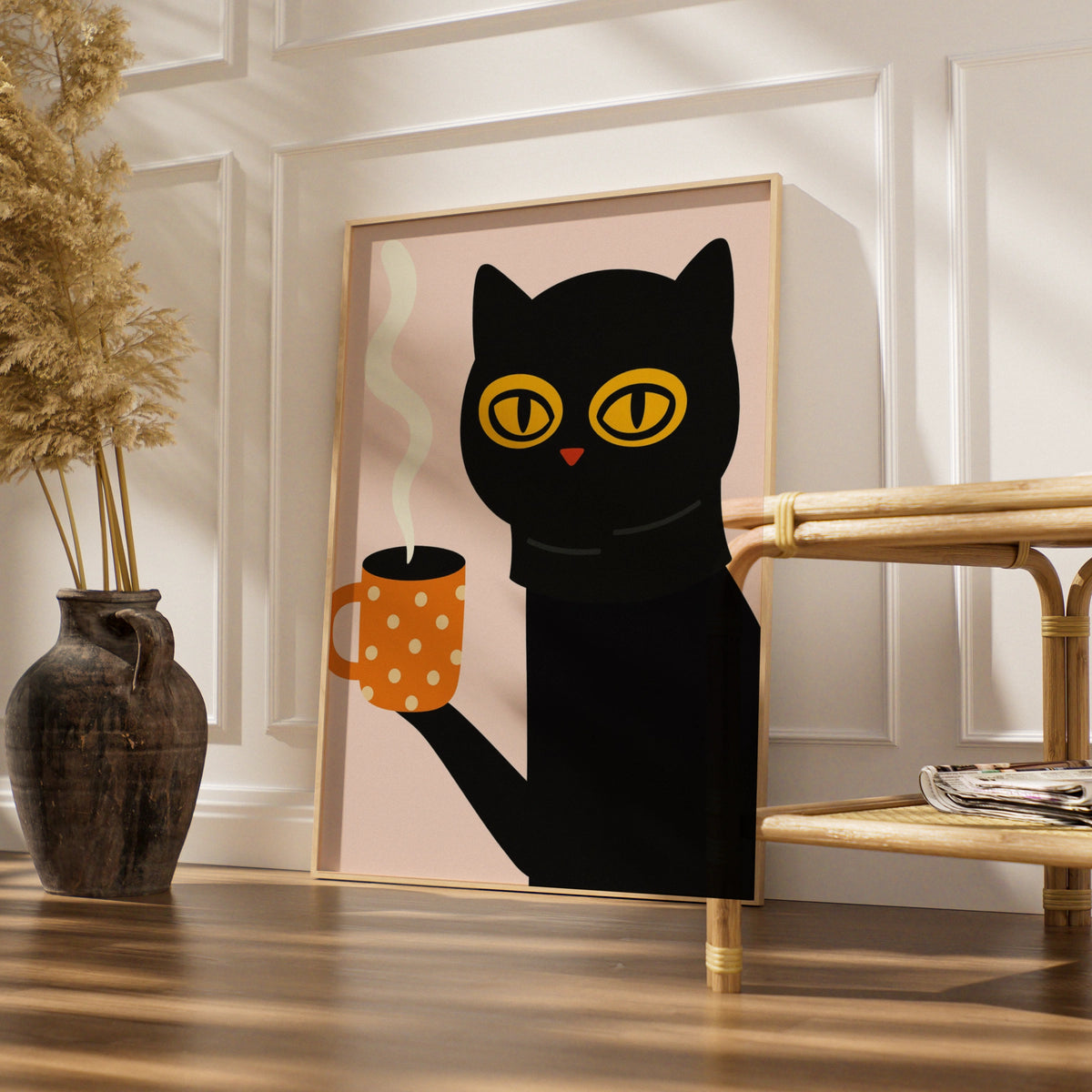 Black Cat Coffee Cartoon Poster, Funny Cat Wall Art, Quirky Kitchen Print