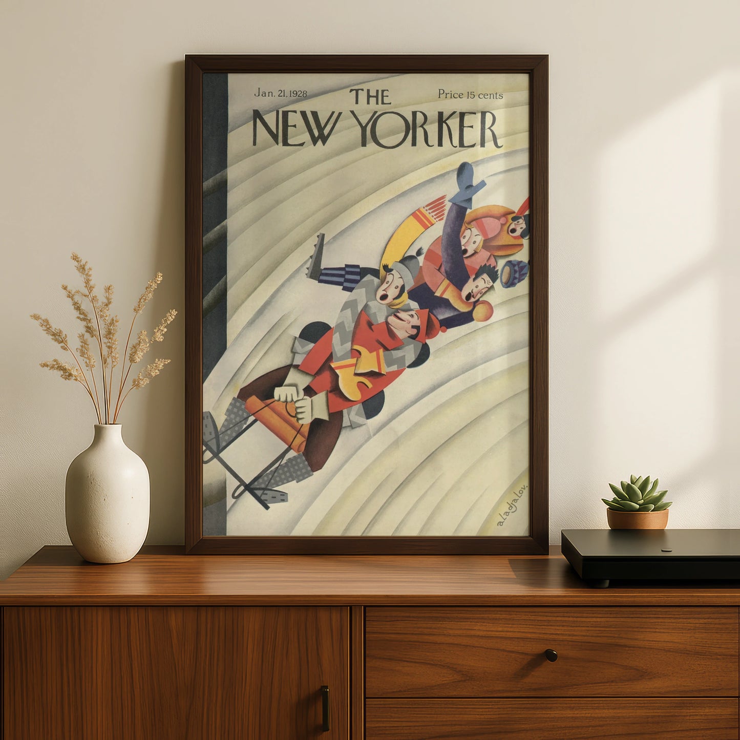 The New Yorker 1928 Winter Sledding Cover Art Poster, Vintage Art Deco Wall Print