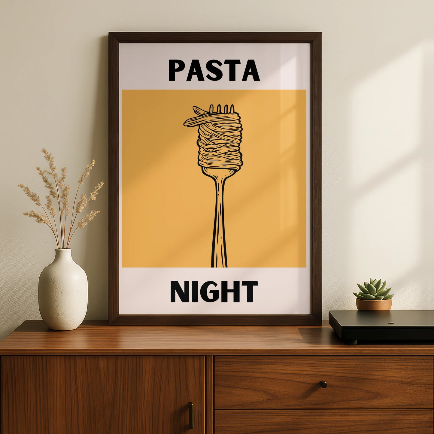 Pasta Night Kitchen Poster, Bold Spaghetti Fork Print, Modern Food Wall Art, Yellow Italian Decor