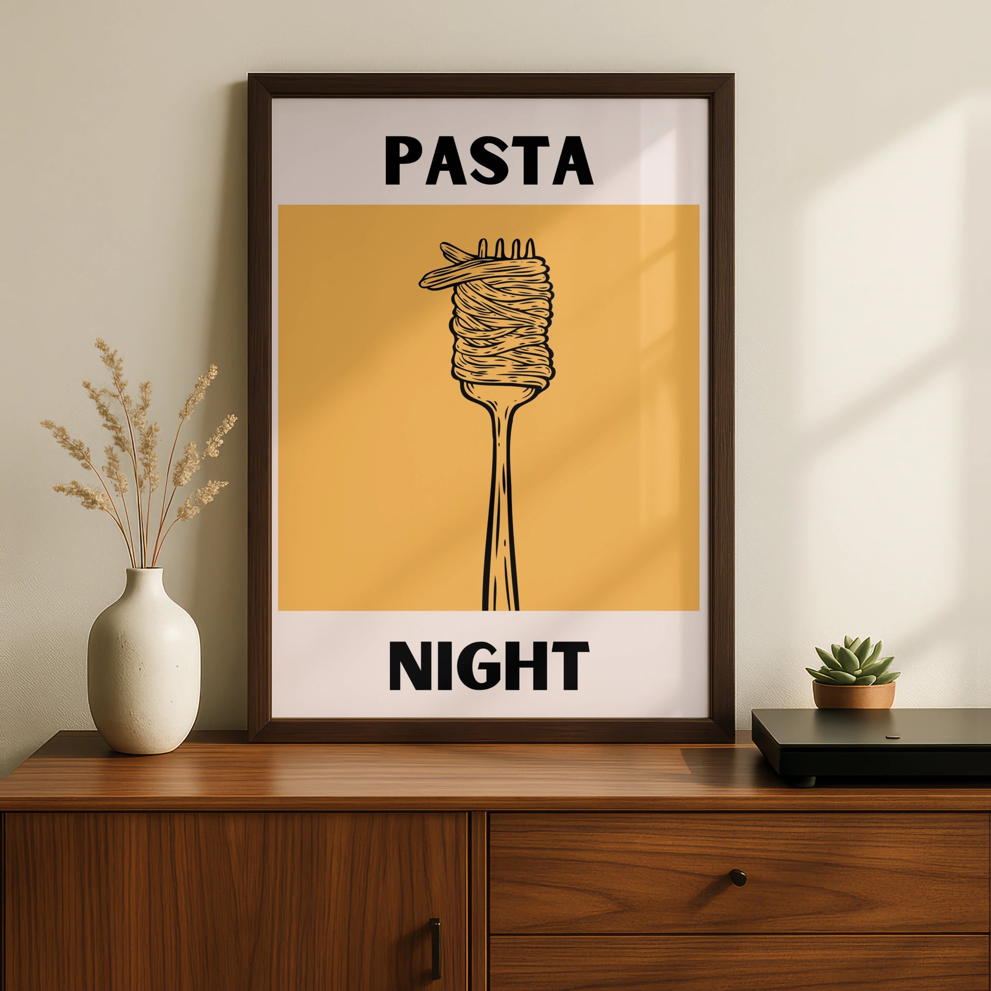 Pasta Night Kitchen Poster, Bold Spaghetti Fork Print, Modern Food Wall Art, Yellow Italian Decor