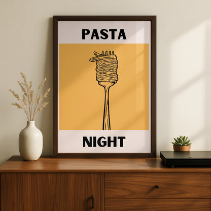 Pasta Night Kitchen Poster, Bold Spaghetti Fork Print, Modern Food Wall Art, Yellow Italian Decor