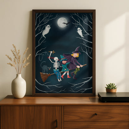Halloween Witch Poster, Spooky Wall Art, Skeleton Ghost Black Cat Full Moon Print