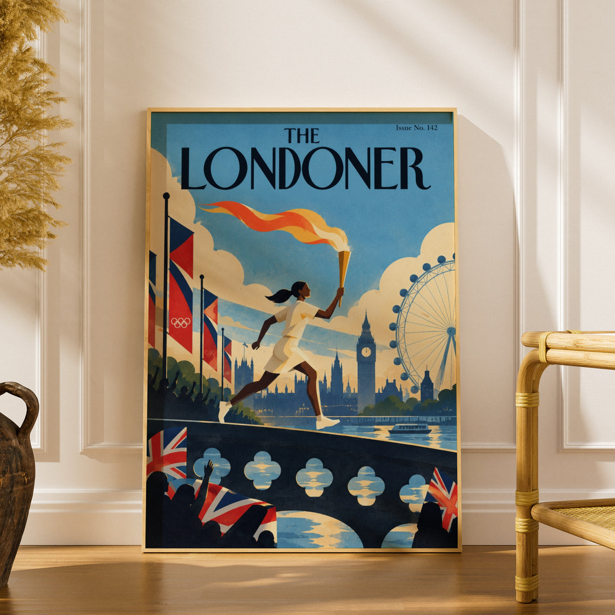 London Torch Runner Poster, Big Ben London Eye Wall Art, Retro Travel Art Print, Living Room