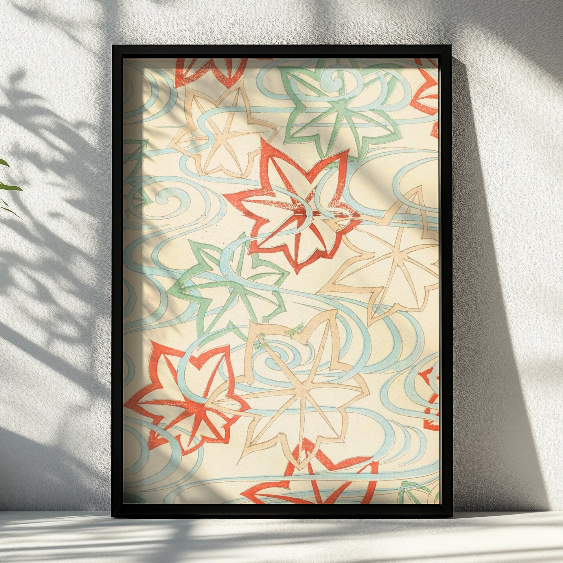 Japanese Botanical Print, Vintage Woodblock Wall Art, Maple Leaf Floral Japandi Poster – A4 Black frame