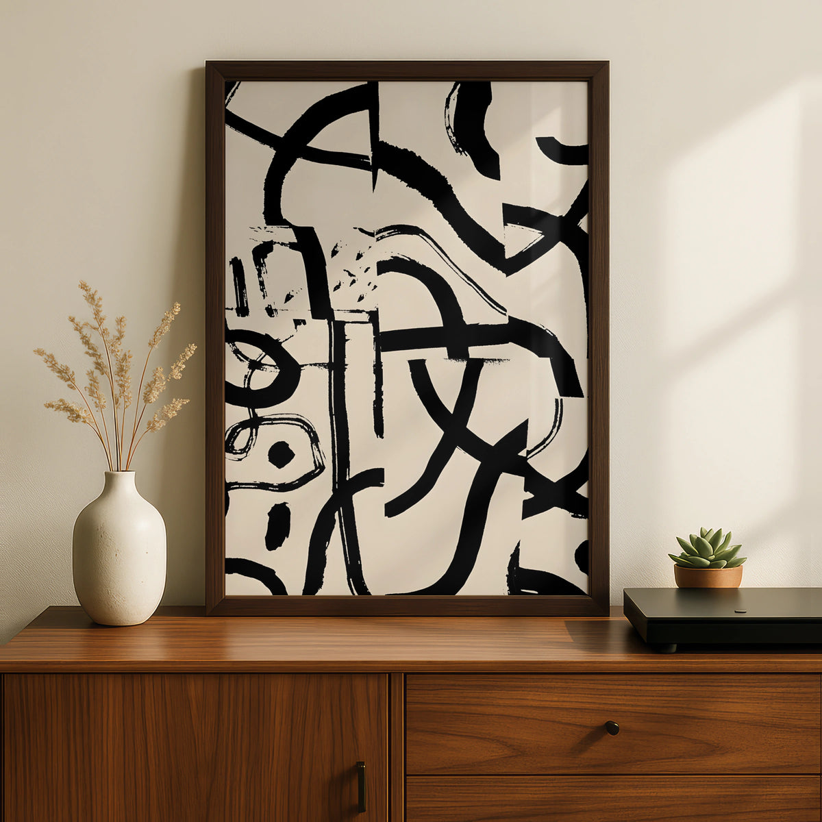Abstract Brush Stroke Wall Art, Monochrome Black Cream Modern Print, Gallery Wall Poster