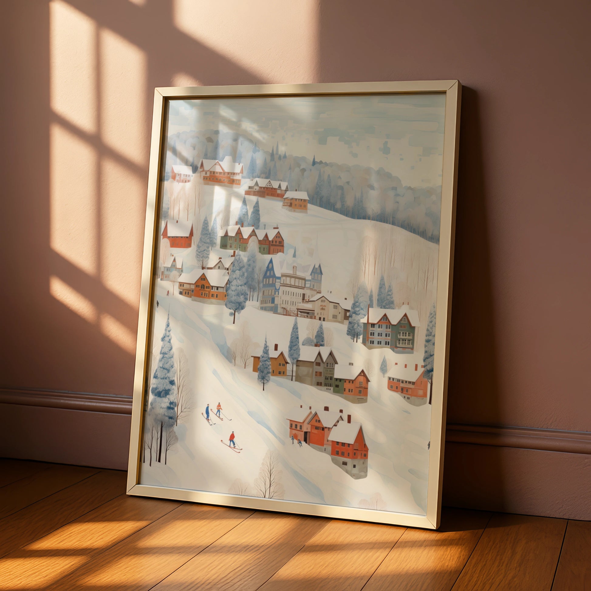 Christmas Winter Village Poster, Snowy Ski Scene Wall Art, Festive Holiday Print, Cosy Xmas Decor