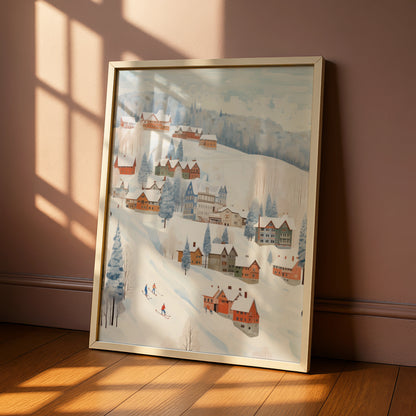Christmas Winter Village Poster, Snowy Ski Scene Wall Art, Festive Holiday Print, Cosy Xmas Decor