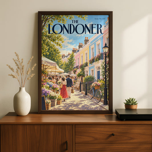 London Street Poster, Pastel Townhouses Flower Market Wall Art, Summer Illustrated Magazine Cover