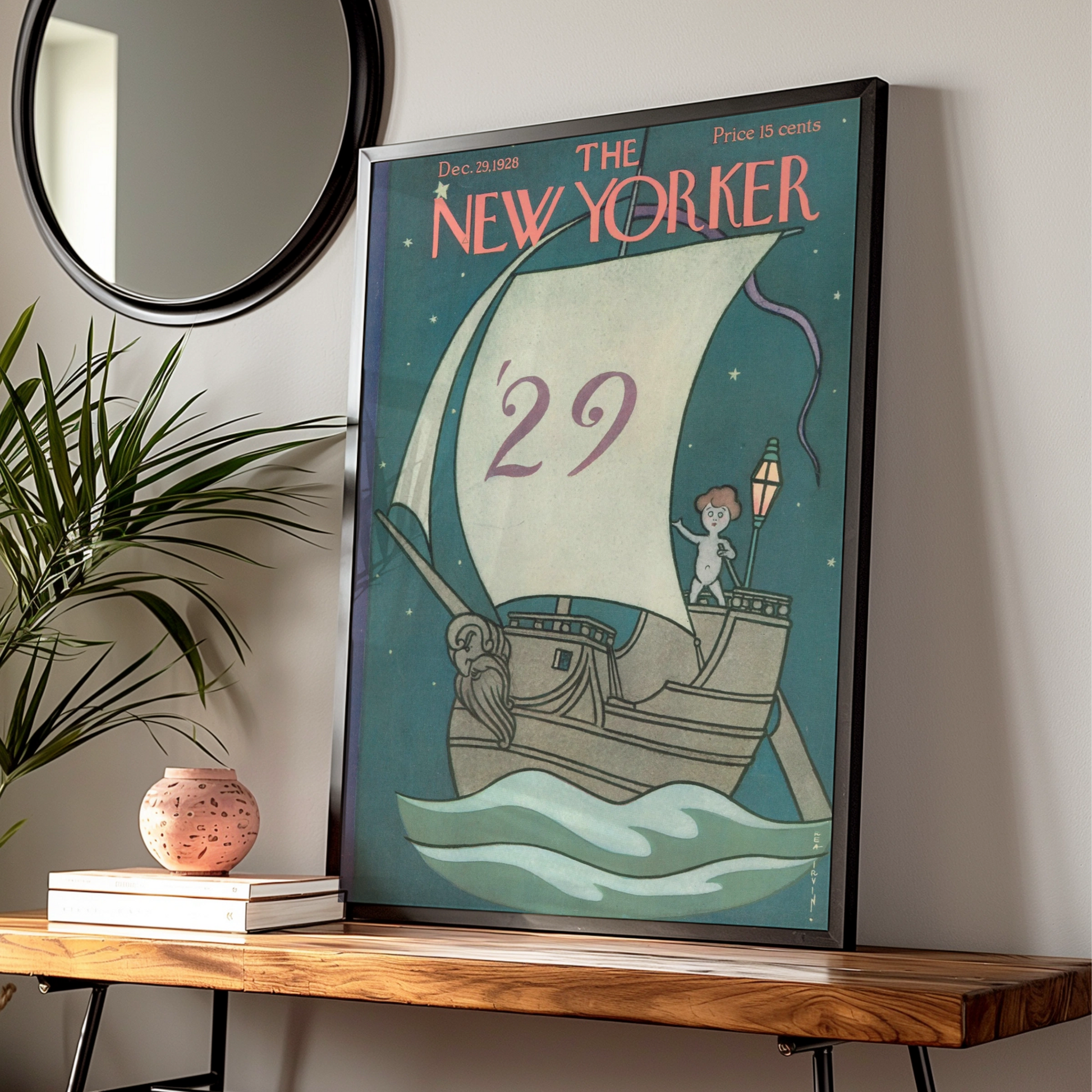 The New Yorker December 1928 Cover Poster, Vintage Sailing Ship New Year Art Print