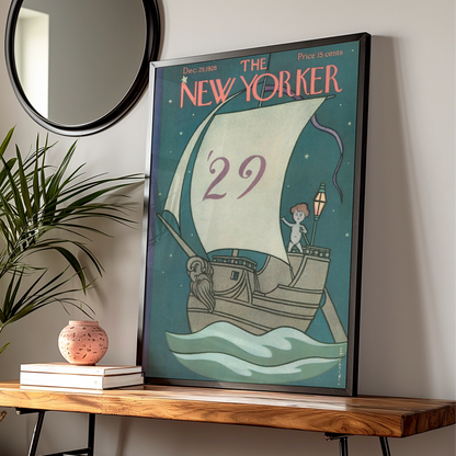 The New Yorker December 1928 Cover Poster, Vintage Sailing Ship New Year Art Print