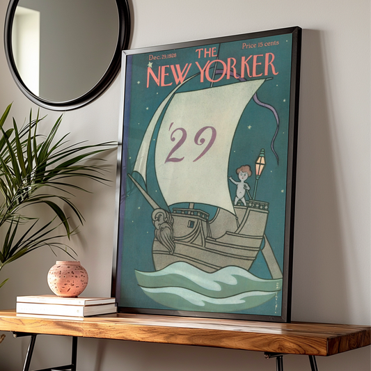 The New Yorker December 1928 Cover Poster, Vintage Sailing Ship New Year Art Print