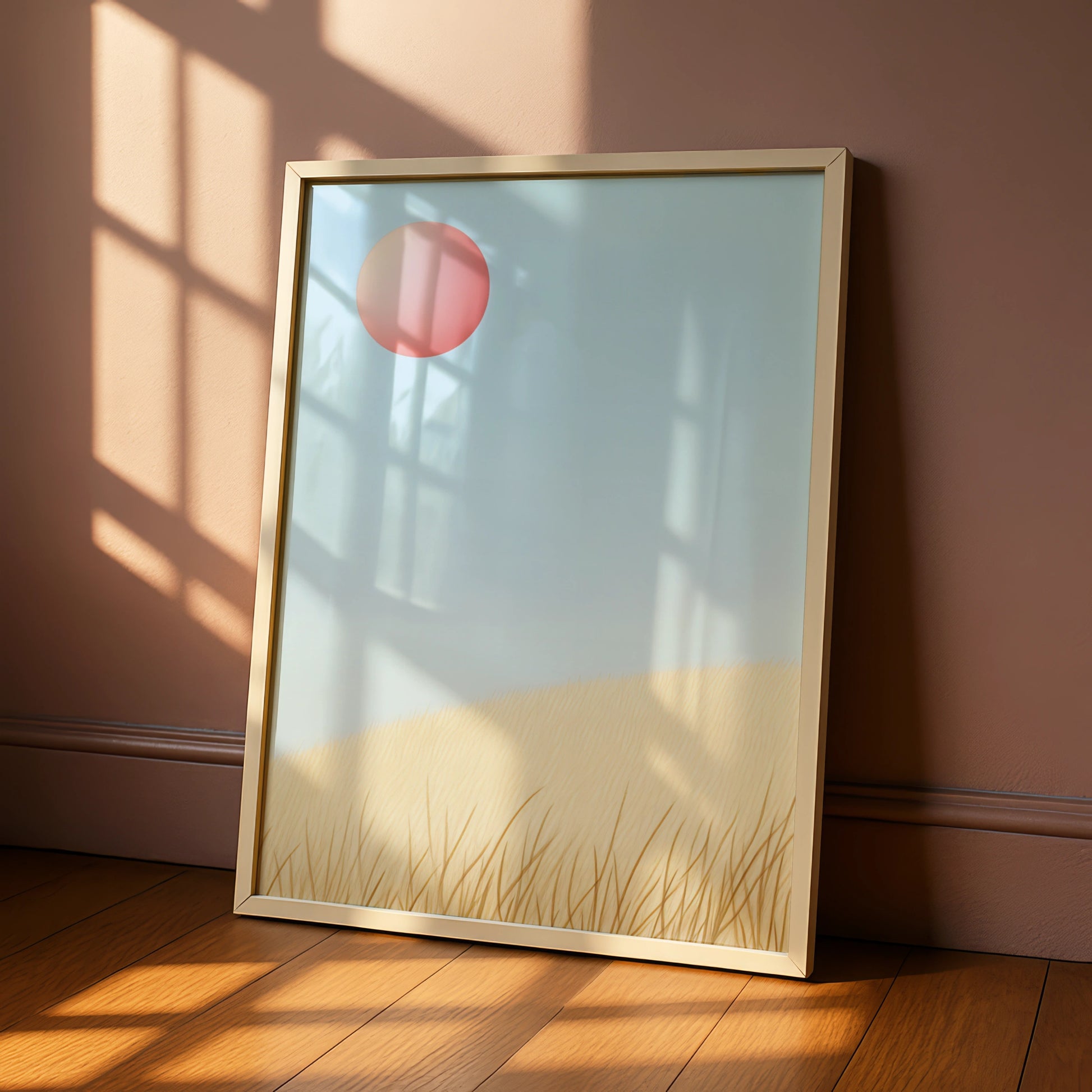 Nursery Wall Art Pink Sun Blue Sky, Minimalist Grass Landscape Print, Baby Room Poster