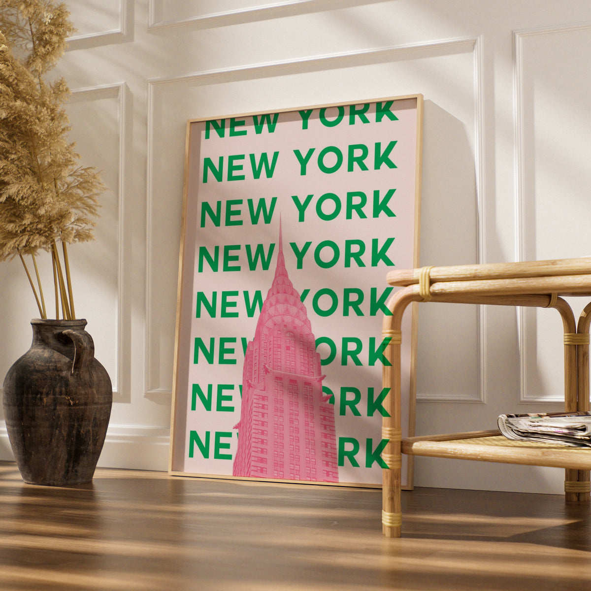 New York Travel Poster, NYC Retro Wall Art, Chrysler Building Pink Green Print
