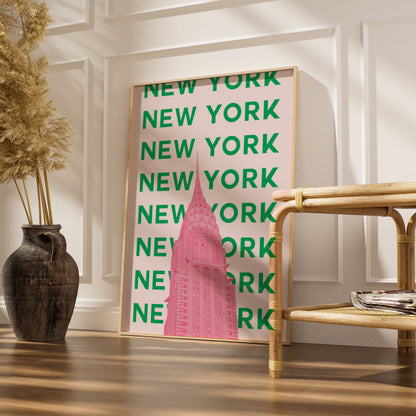 New York Travel Poster, NYC Retro Wall Art, Chrysler Building Pink Green Print