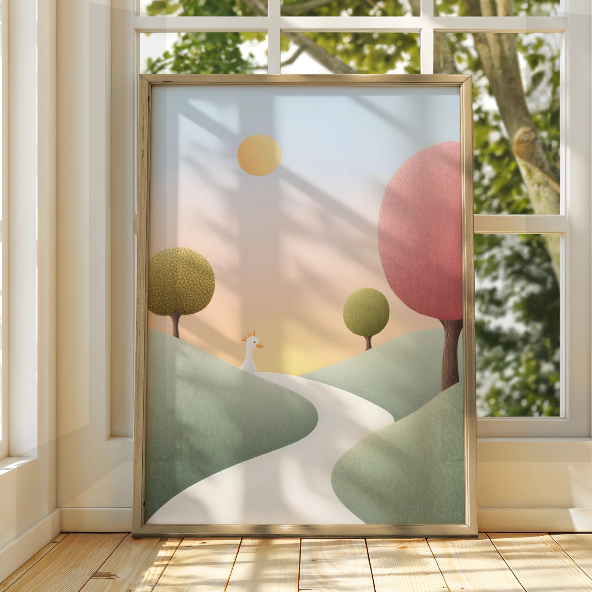 Nursery Wall Art Whimsical Landscape Print, Pastel Baby Room Poster, Cute Bird Decor