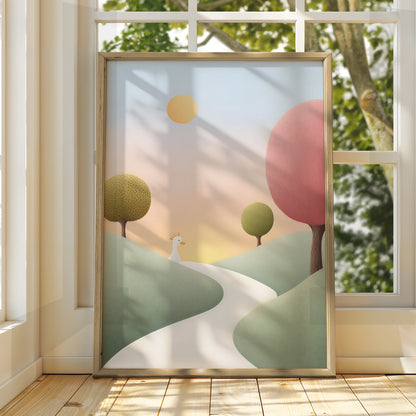Nursery Wall Art Whimsical Landscape Print, Pastel Baby Room Poster, Cute Bird Decor
